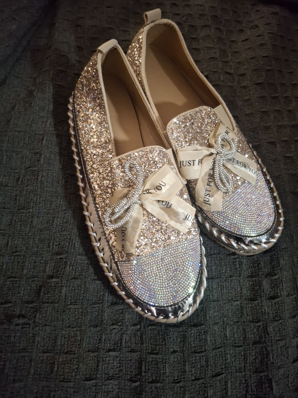 Glitter Bow Slip-On Flats - Rose Gold